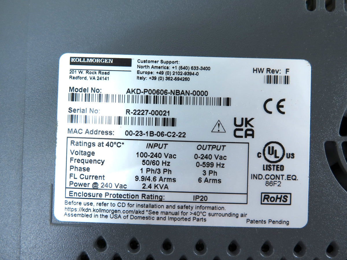 Kollmorgen AKD-P00606-NBAN-0000 Servo Drive 2.4KVA - Advance Operations