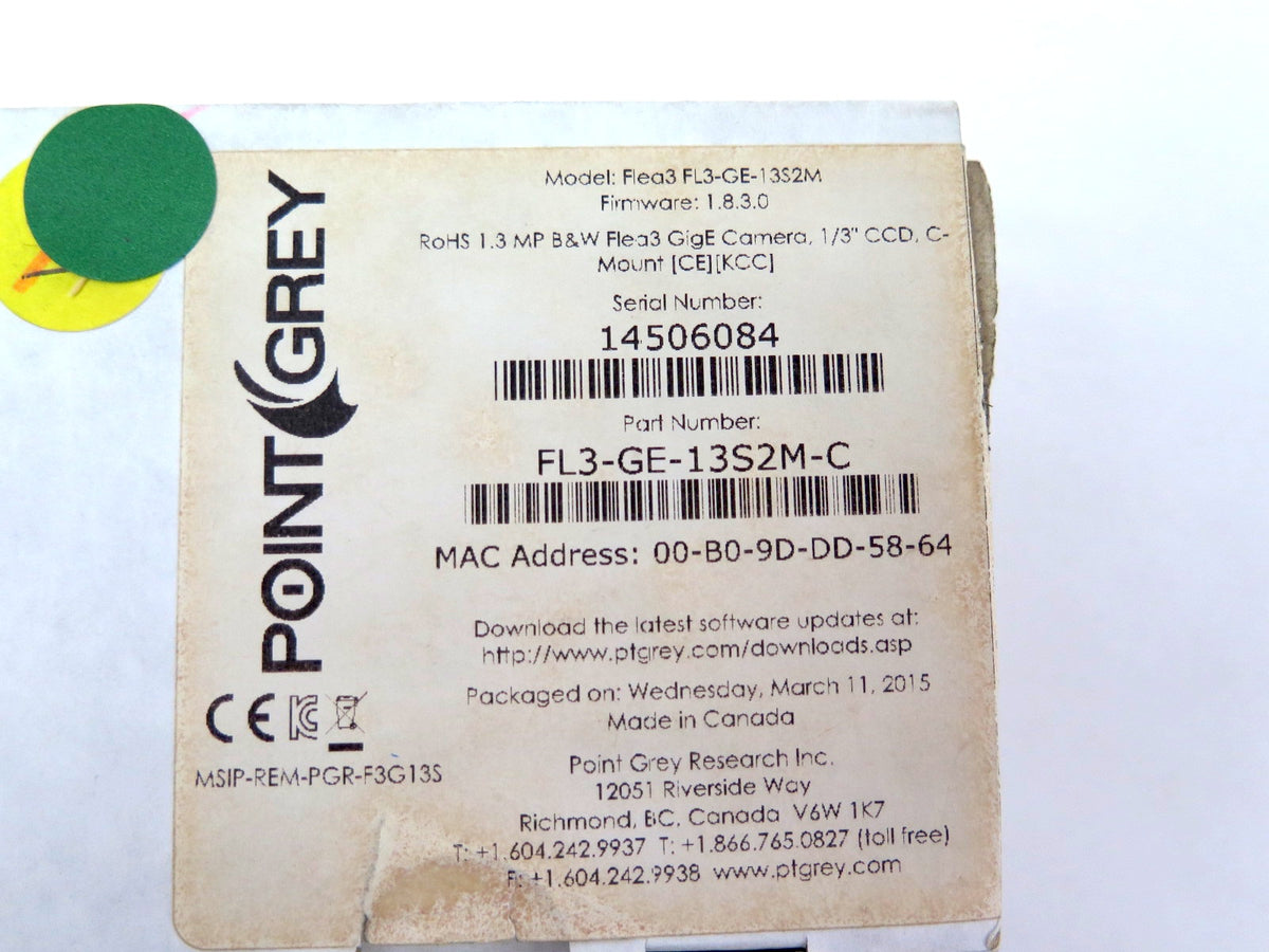 Point Grey FL3-GE-13S2M-C Industrial CCD Camera Assembly NEW IN BOX - Advance Operations