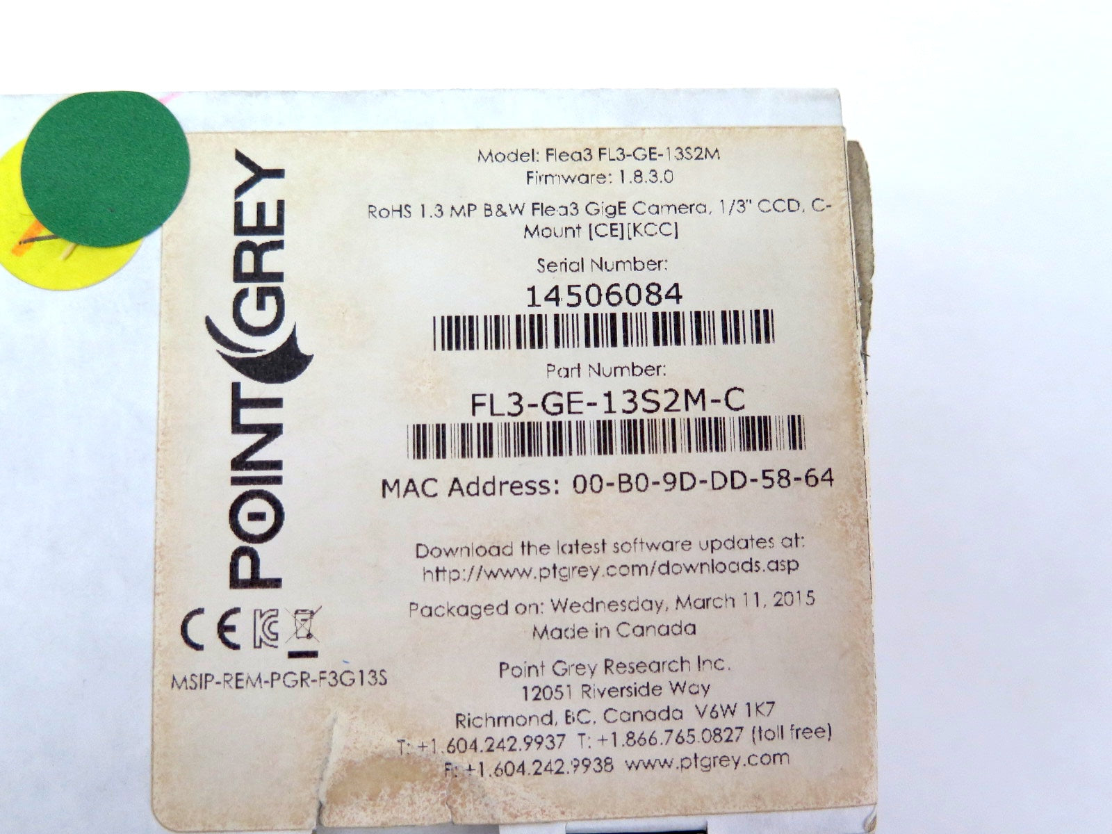 Point Grey FL3-GE-13S2M-C Industrial CCD Camera Assembly NEW IN BOX - Advance Operations
