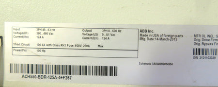 ABB ACH50-BDR-125A-4+F267 AC Drive 100HP 380-480Vac 124A MINT CONDITION - Advance Operations