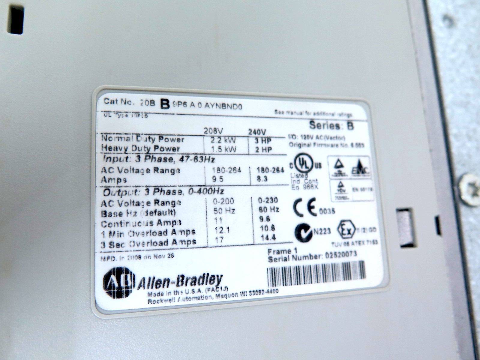 Allen-Bradley 20BB9P6A0AYNBND0 SER.B AC Drive 3 HP 208-240Vac *READ* - Advance Operations