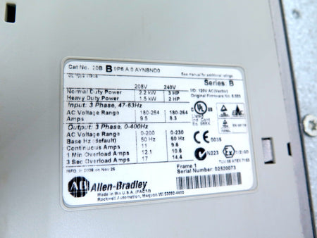 Allen-Bradley 20BB9P6A0AYNBND0 SER.B AC Drive 3 HP 208-240Vac *READ* - Advance Operations