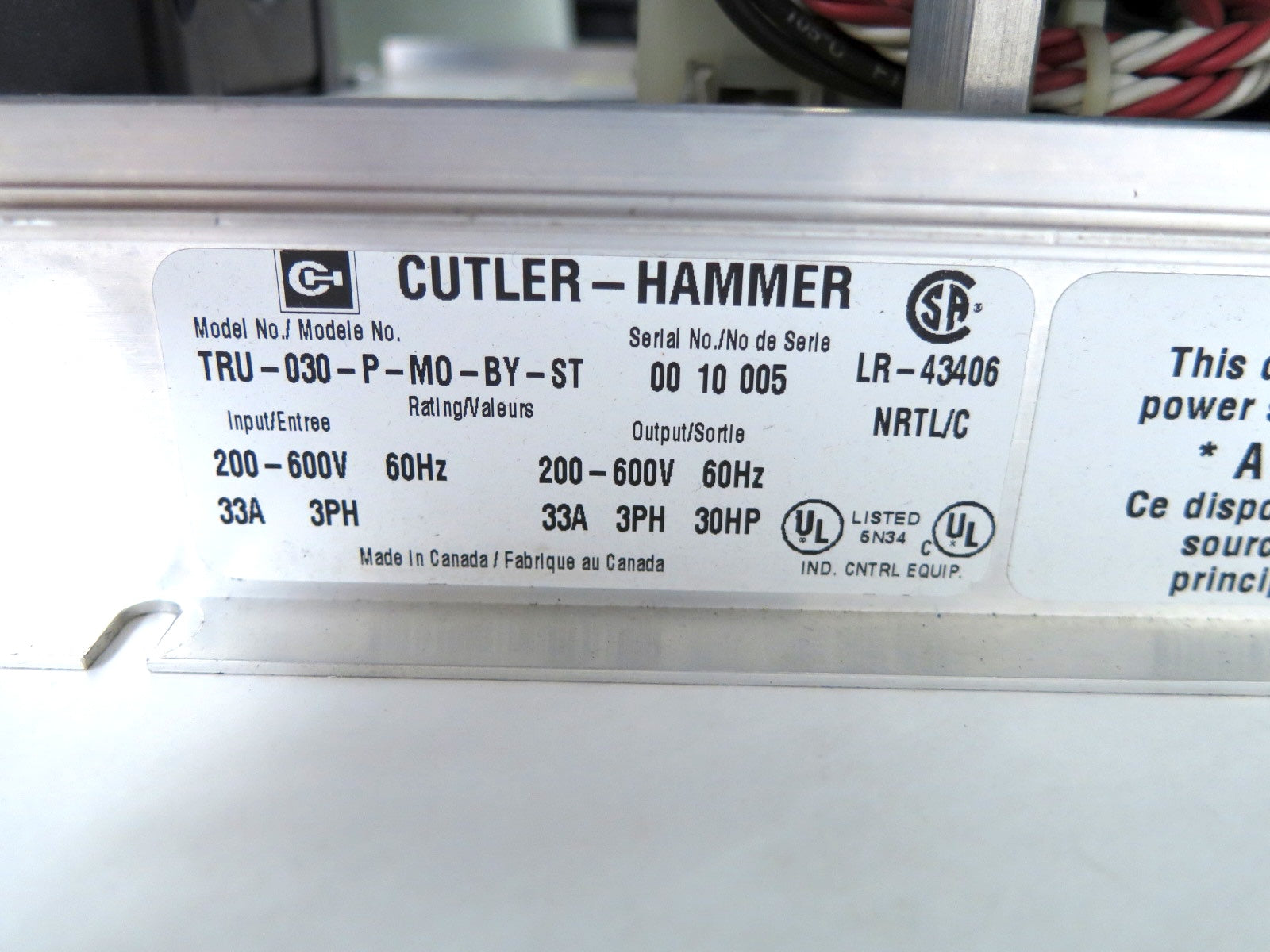 Eaton / Cutler Hammer TRU-030-P-MO-BY-ST Motor Starter 30Hp 200 to 600Vac - Advance Operations