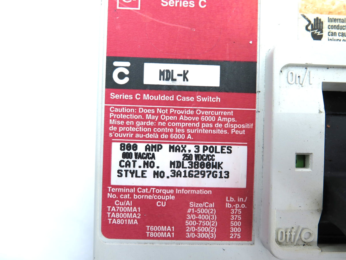 Cutler Hammer MDL3800WK Molded Case Switch 800A 600Vac 250Vdc - Advance Operations