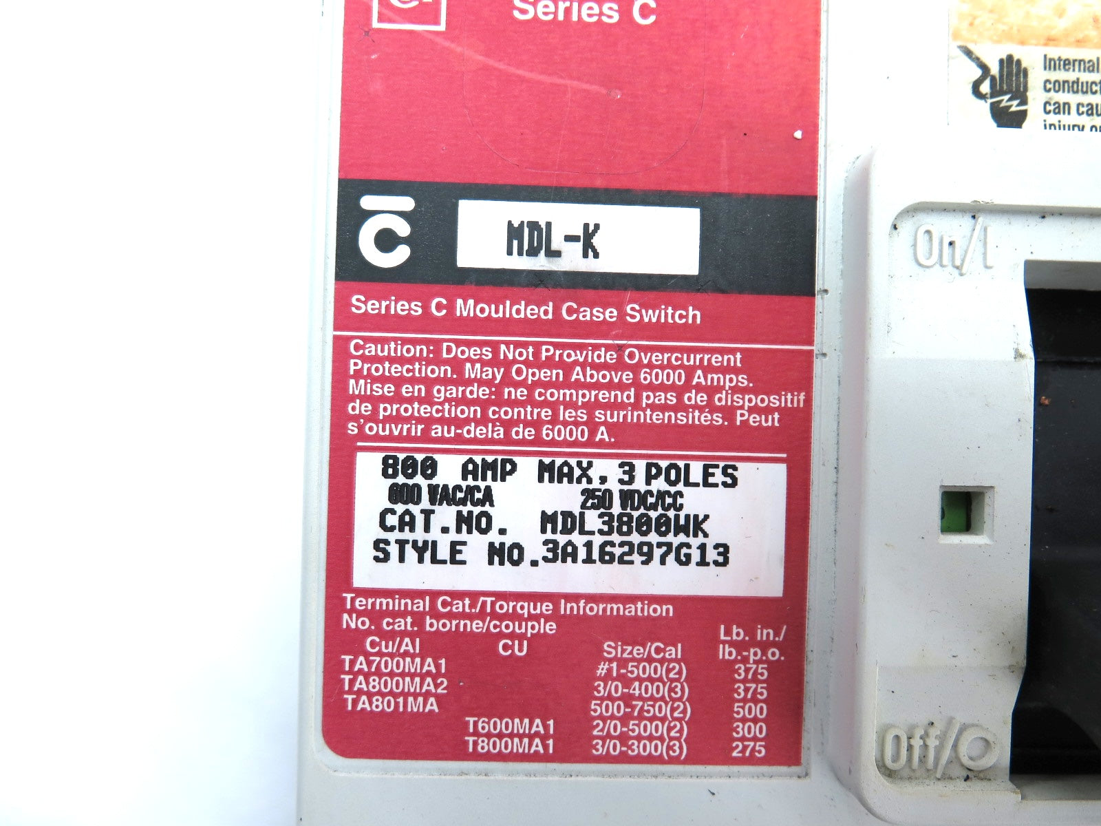 Cutler Hammer MDL3800WK Molded Case Switch 800A 600Vac 250Vdc - Advance Operations
