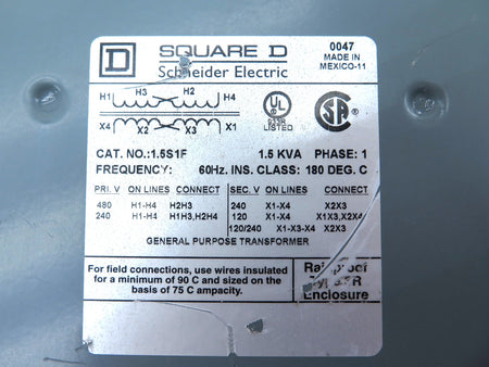Square D 1.5S1F Dry Type Transformer 1 Ph 1.5KVA - Advance Operations