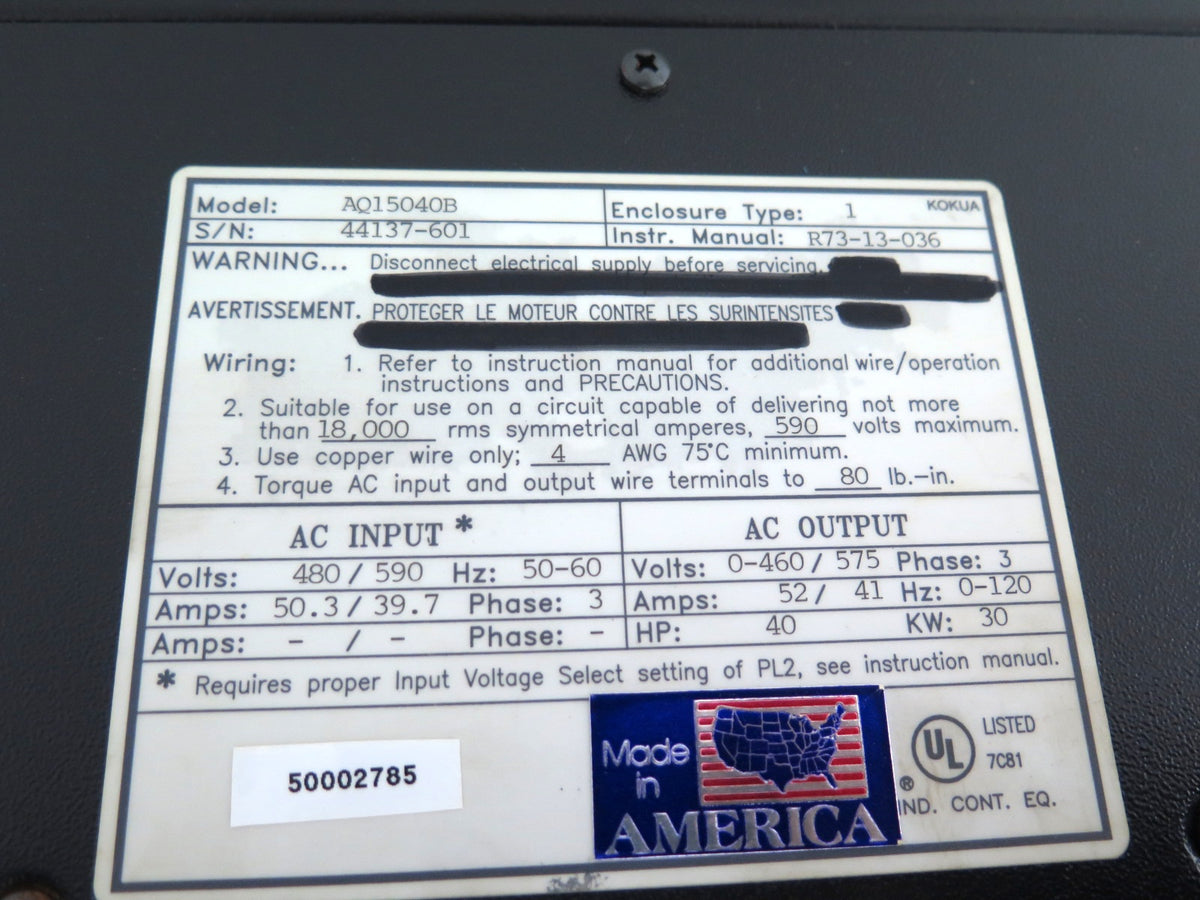 Siemens / Relcon AQ15040B Ac Drive 40HP 30kW 480-590Vac 3Ph 50.3A - Advance Operations