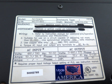 Siemens / Relcon AQ15040B Ac Drive 40HP 30kW 480-590Vac 3Ph 50.3A - Advance Operations