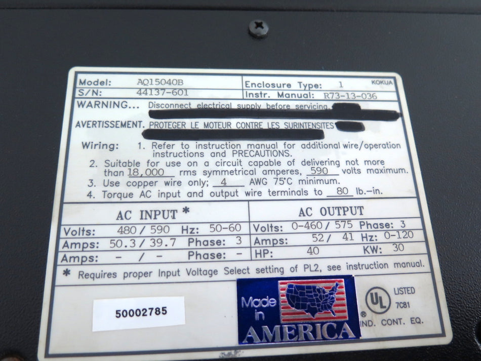 Siemens / Relcon AQ15040B Ac Drive 40HP 30kW 480-590Vac 3Ph 50.3A - Advance Operations