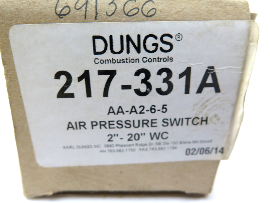 Dungs 217-331A Pressure Switch 2"-20"WC AA-A2-6-5 - Advance Operations