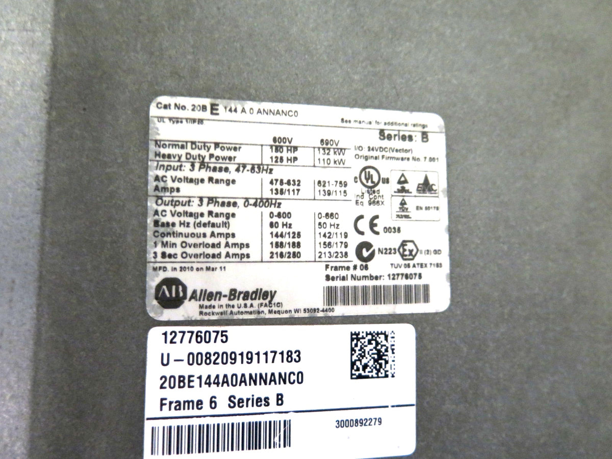 Allen-Bradley 20BE144A0ANNANC0 Ser.B AC Drive 150HP 480-690Vac - Advance Operations