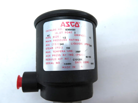 Asco 8290A393 Stainless Steel Angle Body Piston Valve 2/2 NC 1/2 NPT SS - Advance Operations
