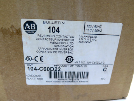 Allen-Bradley 104-C60D22 Reversing Contactor 32KW / 50 HP NEW IN BOX - Advance Operations