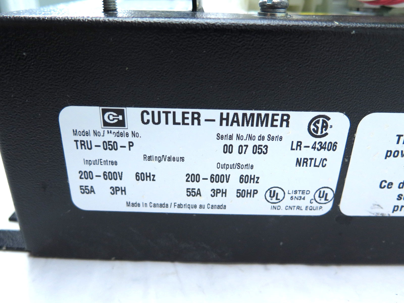 Cutler Hammer TRU-050-P Soft Start Controller 50HP 55A 200-600Vac 3Ph - Advance Operations