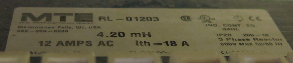 MTE RL-01203 Three Phase Reactor 4.20mH 12A 600V Max & Protection Box - Advance Operations