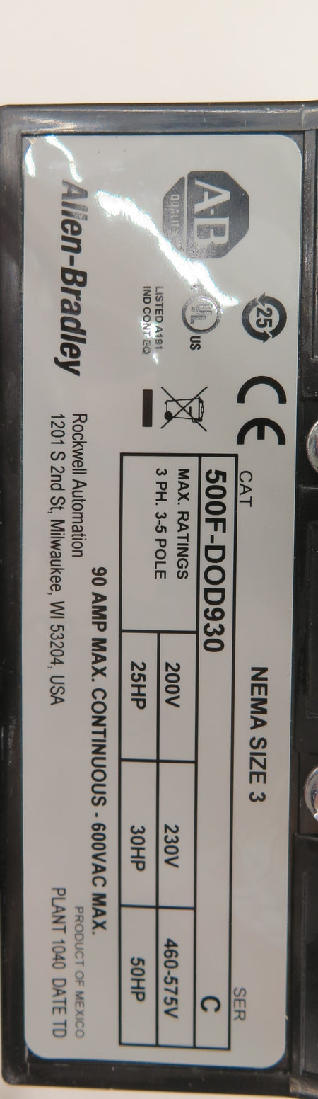 Allen-Bradley 500F-DOD930 Size 3 Motor Starter Contactor 50H.P. Max - Advance Operations