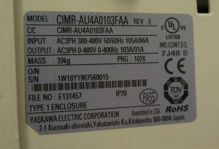 Yaskawa CIMR-AU4A0103FAA AC Drive 75HP 380-480Vac - Advance Operations