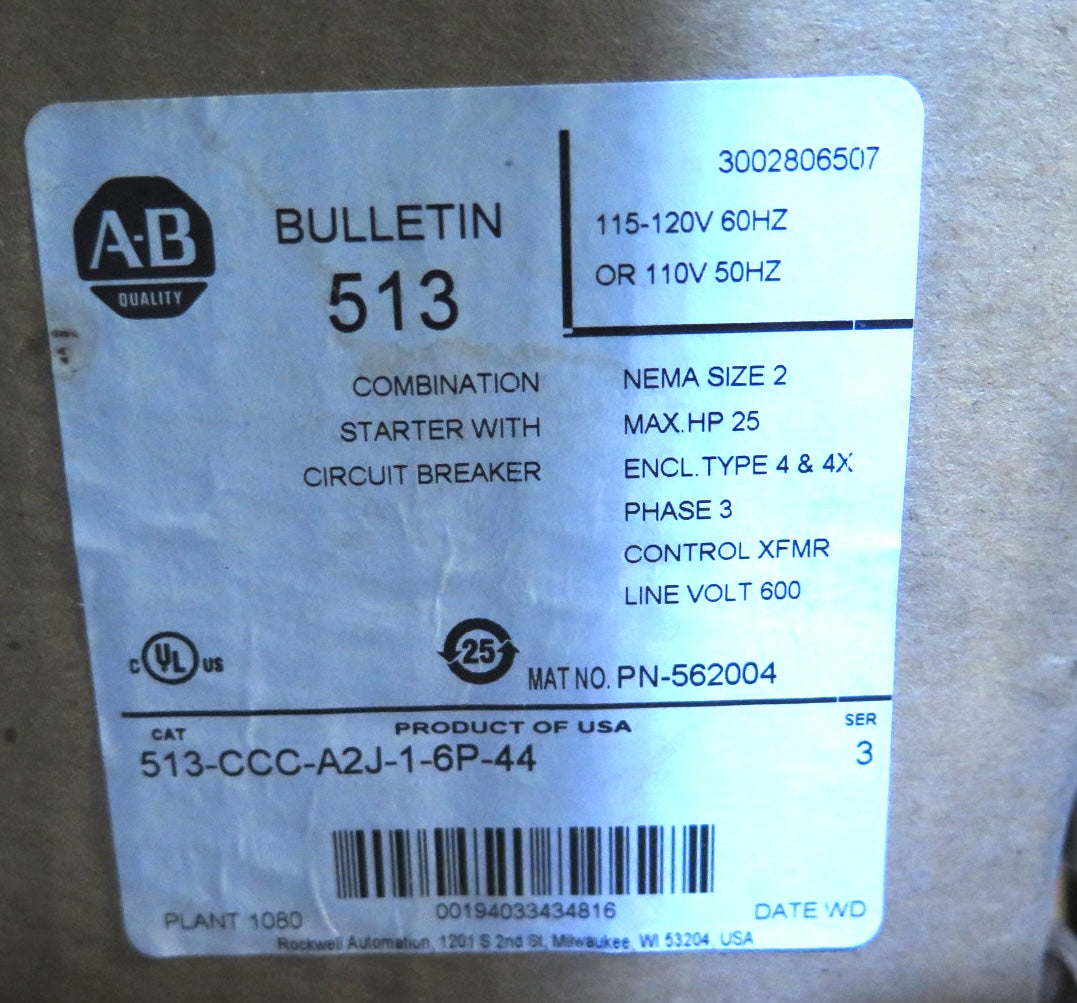 Allen-Bradley 513-CCC-A2J-1-6P-44 Combination Starter W/ Circuit Breaker 25HP - Advance Operations