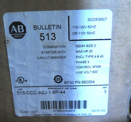 Allen-Bradley 513-CCC-A2J-1-6P-44 Combination Starter W/ Circuit Breaker 25HP - Advance Operations