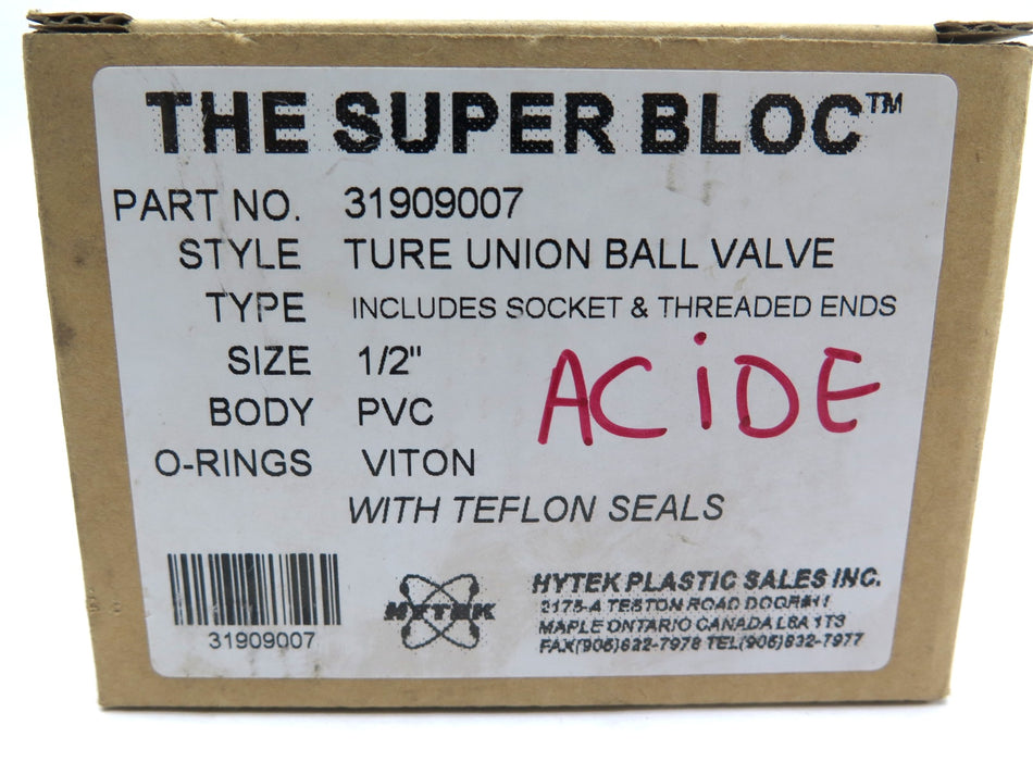 Hytek Plastic 31909007 Ture Union Ball Valve 1/2" PVC With Teflon - Advance Operations