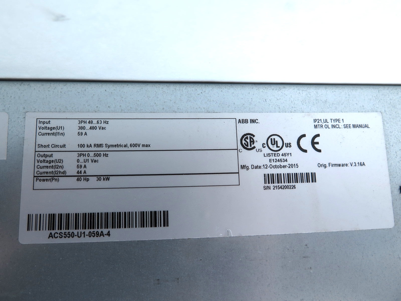 ABB ACS550-U1-059A-4 AC Drive 40HP 480Vac - Advance Operations