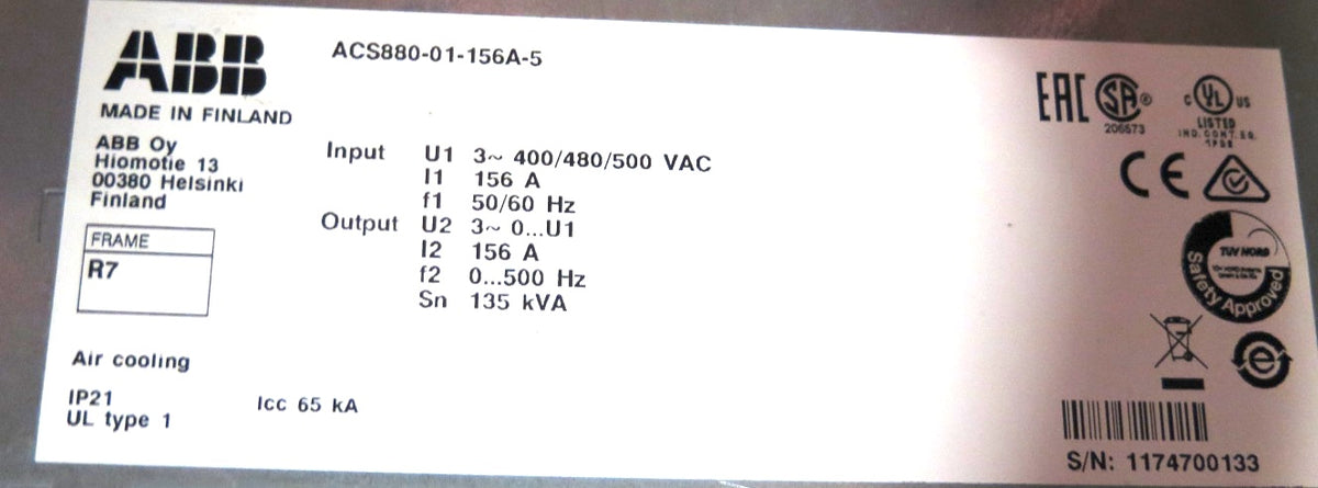ABB ACS880-01-156A-5 AC Drive 400-500Vac 156A 135kVa - Advance Operations