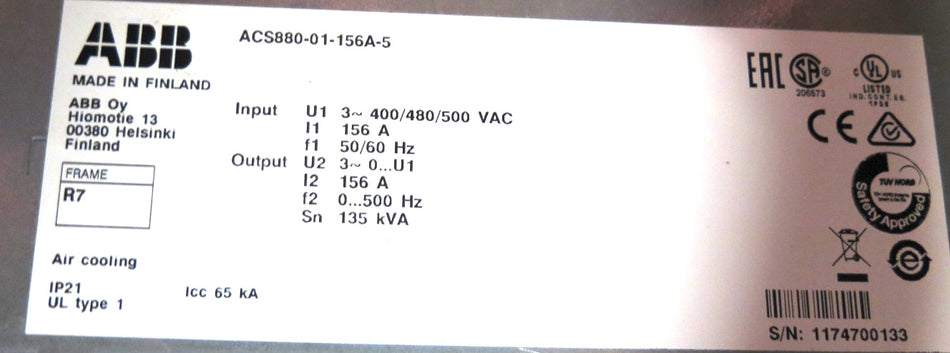ABB ACS880-01-156A-5 AC Drive 400-500Vac 156A 135kVa - Advance Operations