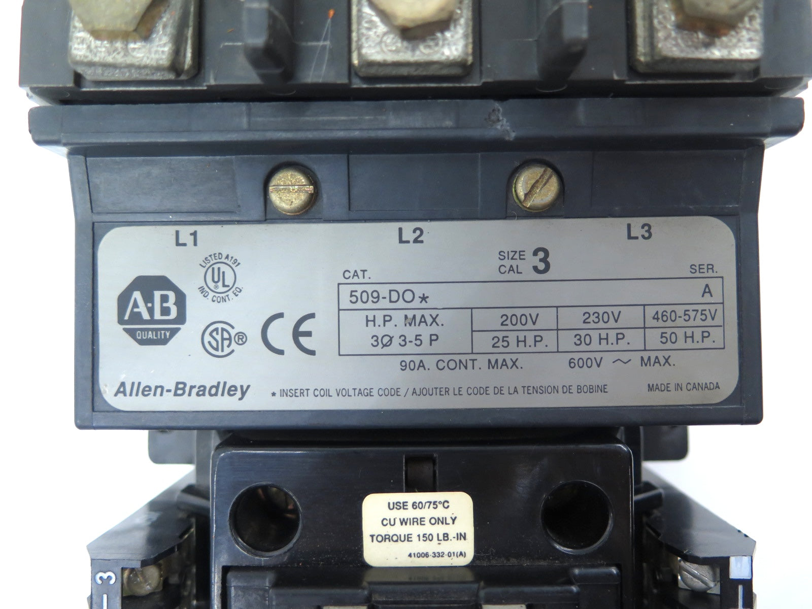 Allen-Bradley 509-DO* Size 3 Motor Contactor 50 H.P. Max 200-575Vac - Advance Operations