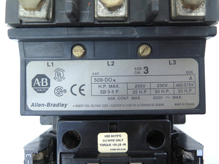 Allen-Bradley 509-DO* Size 3 Motor Contactor 50 H.P. Max 200-575Vac - Advance Operations