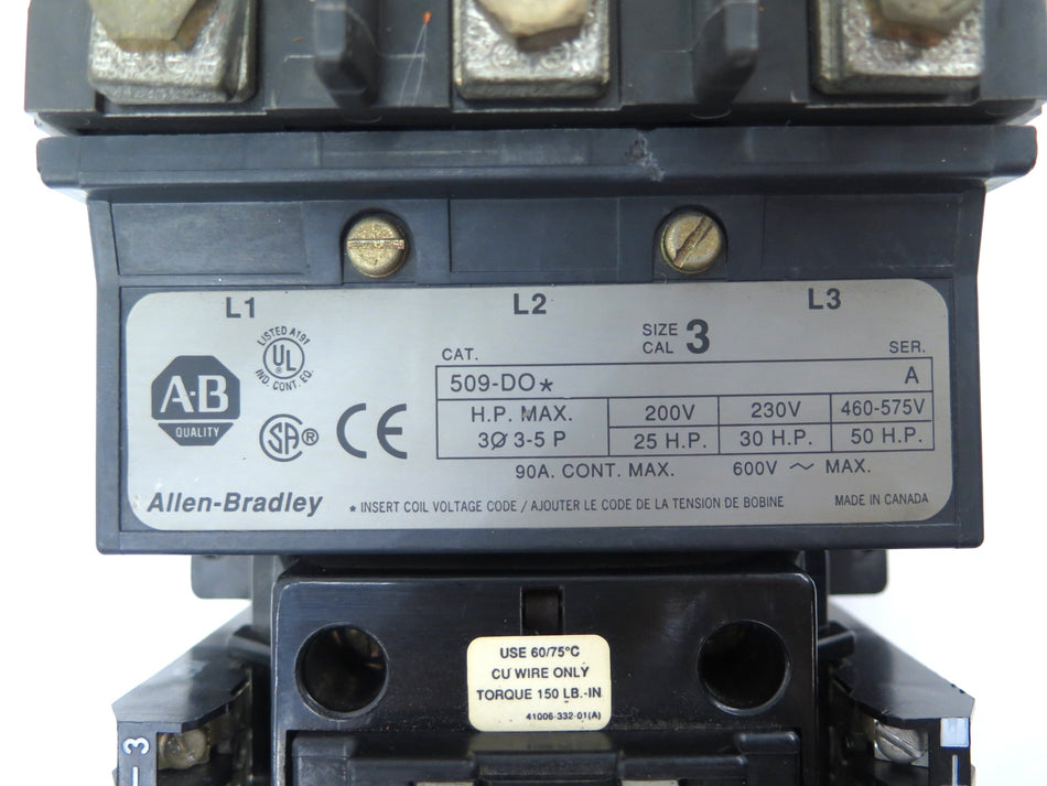 Allen-Bradley 509-DO* Size 3 Motor Contactor 50 H.P. Max 200-575Vac - Advance Operations