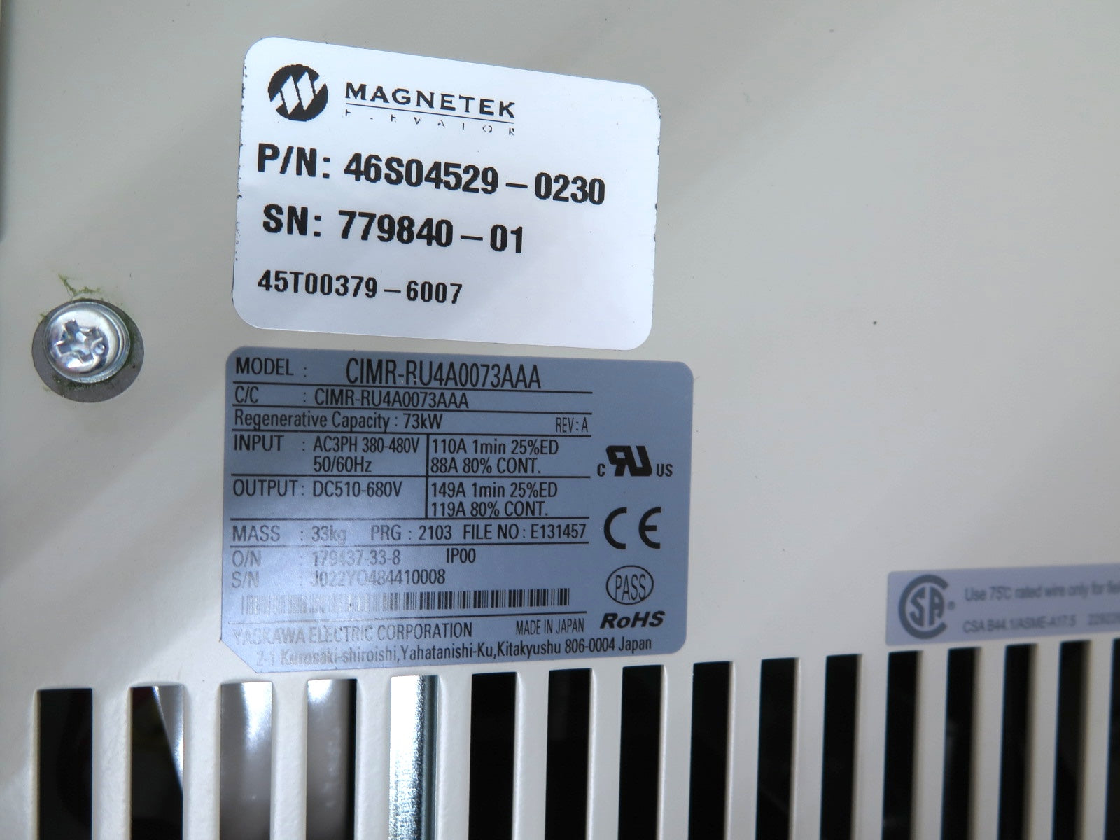 Magnetek / Yaskawa CIMR-RU4A0073AAA Drive AC 73kW / 100HP Power Regenerative - Advance Operations