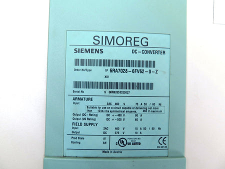 Siemens 6RA7028-6FV62-0-Z DC Converter / DC Drive 460V - Advance Operations