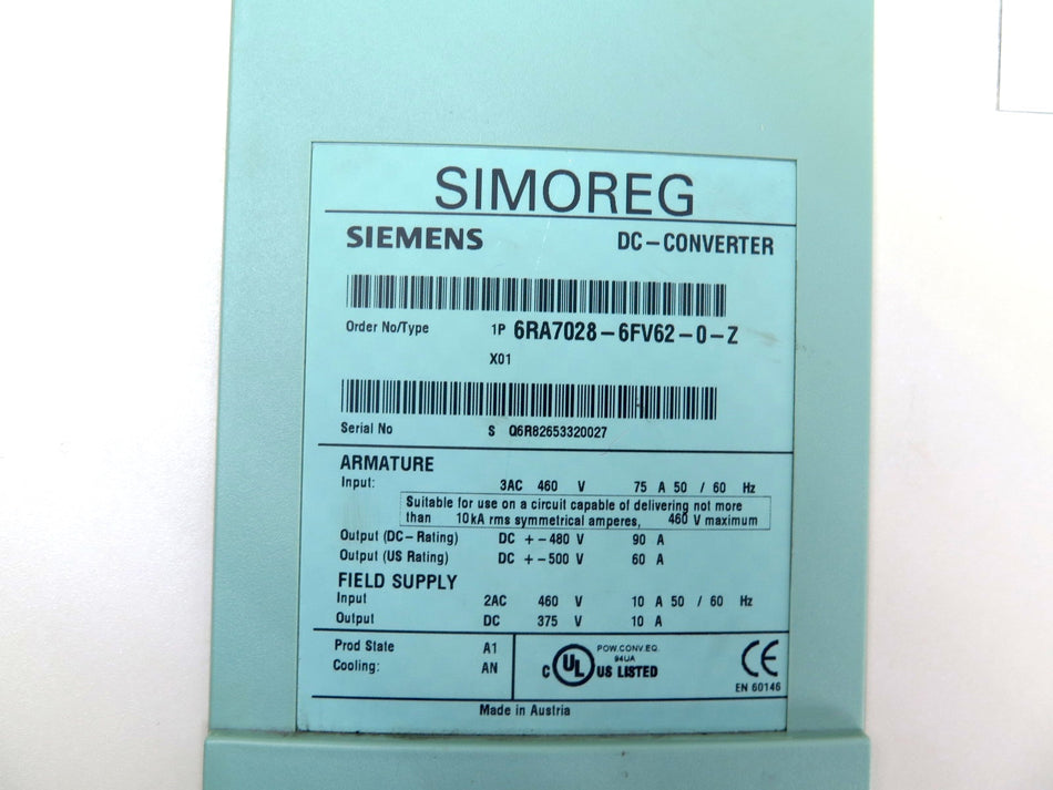 Siemens 6RA7028-6FV62-0-Z DC Converter / DC Drive 460V - Advance Operations