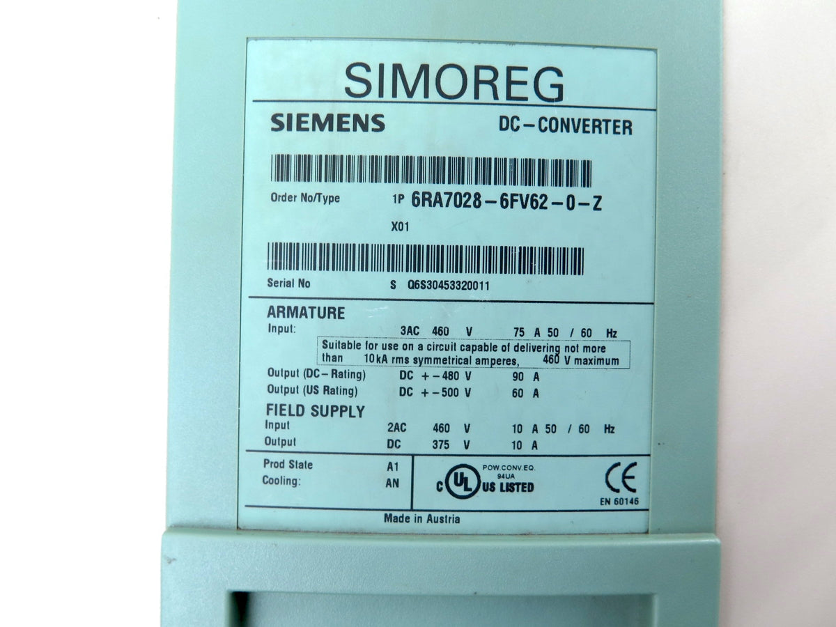 Siemens 6RA7028-6FV62-0-Z DC Converter / DC Drive 460V CRACKED TOP COVER - Advance Operations
