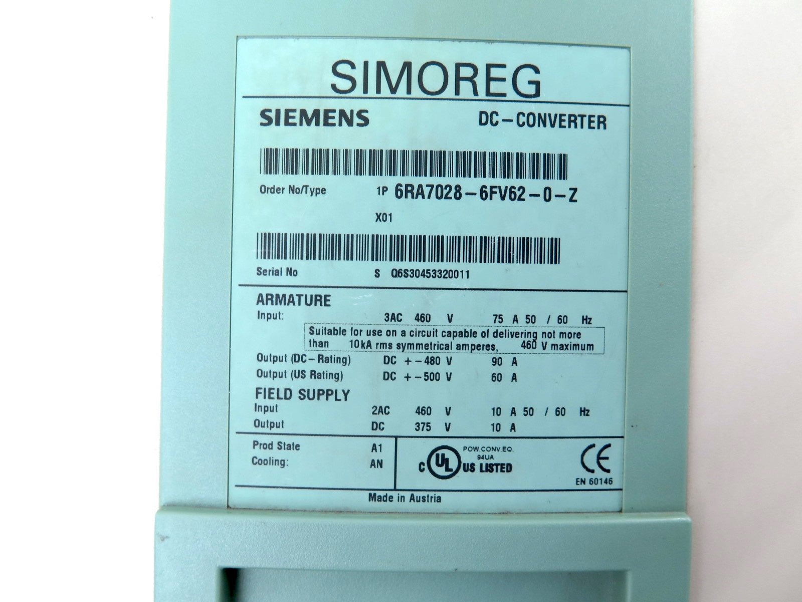 Siemens 6RA7028-6FV62-0-Z DC Converter / DC Drive 460V CRACKED TOP COVER - Advance Operations