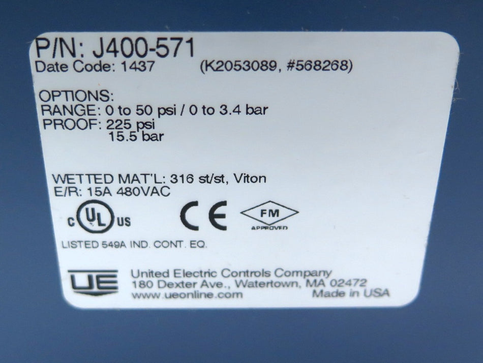United Electric Controls J400-571 Pressure Switch 0 to 50 PSI