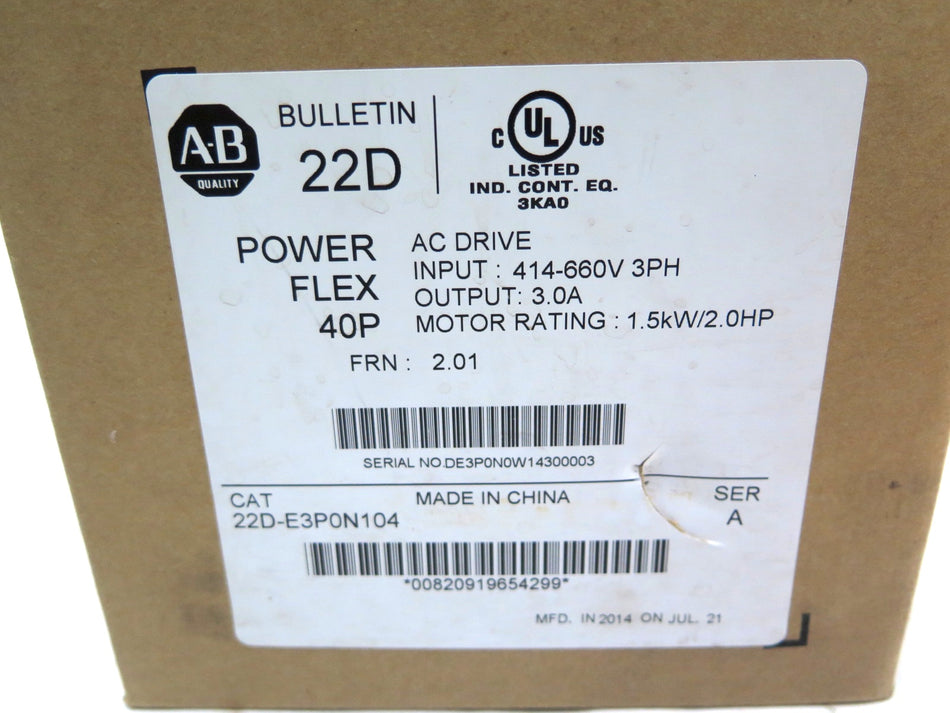 Allen-Bradley PowerFlex 22D-E3P0N104 AC Drive 1.5kW / 2HP 414-660Vac 3Ph