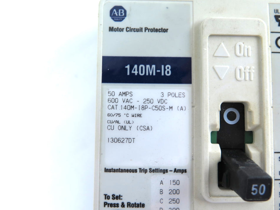 Allen-Bradley 140M-18P-C50S-M Motor Circuit Breaker 50A 600Vac / 250Vdc