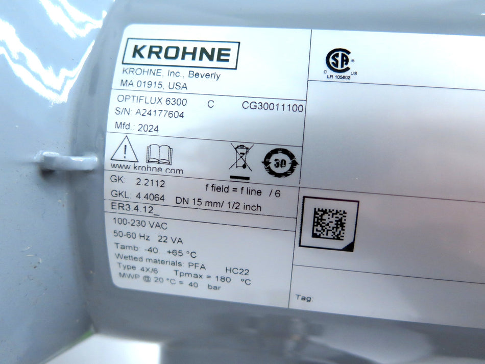 Krohne OPTIFLUX 6300 C Flow Meter 100-230Vac 1/2" / 15mm