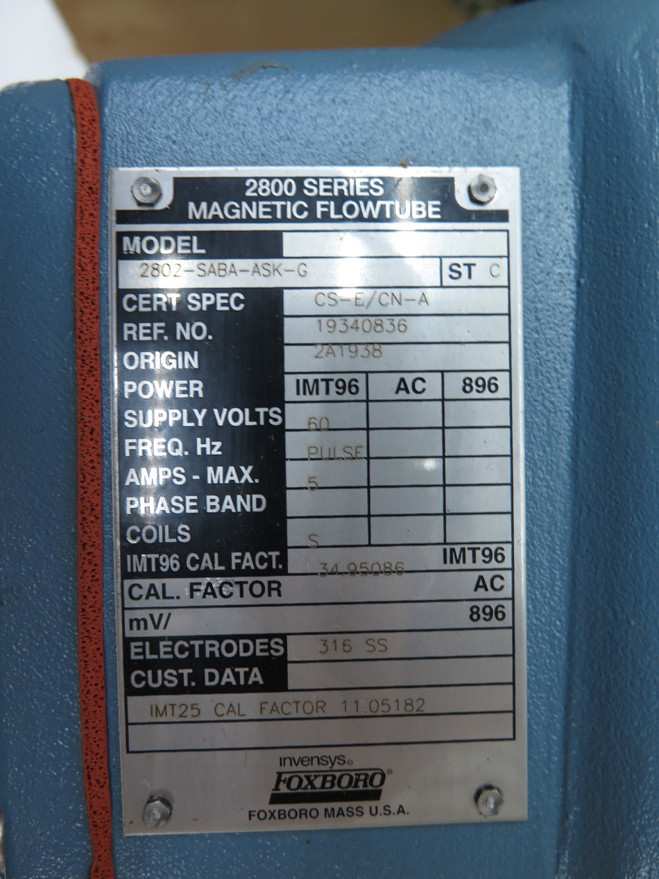 Foxboro 2802-SABA-ASK-G Magnetic Flowtube 2800 Series Flowmeter 2"