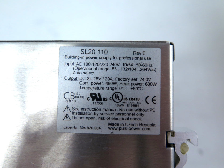 PULS SL20.110 Power Supply Input 120/240VAC 10/5A Output 24V-DC 20A 600W