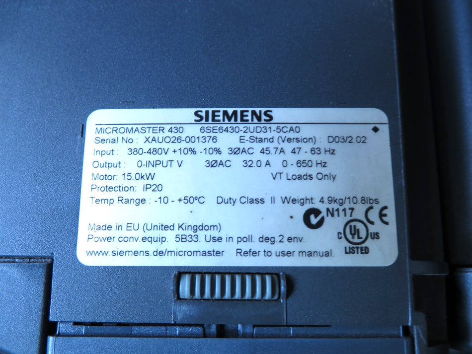 Siemens 6SE6430-2UD31-5CA0 AC Drive 15kW 380-480Vac