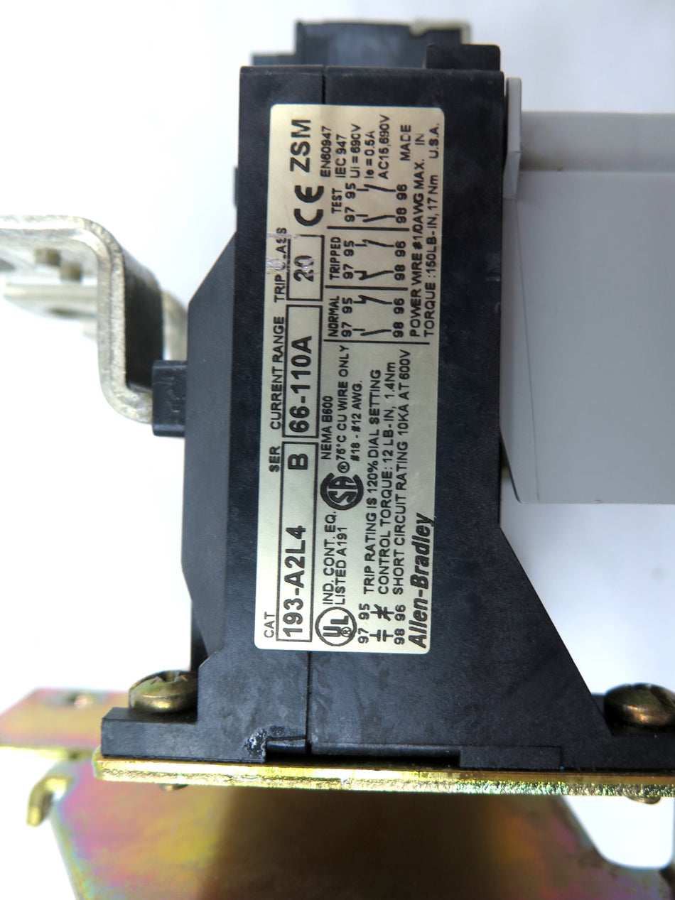 Allen-Bradley 193-A2L4 Overload Relay 66-110A Trip Class 20