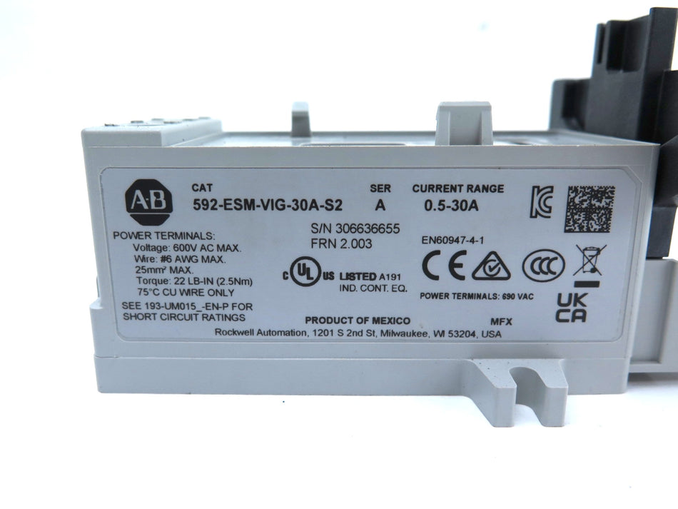 Allen-Bradley 193-ESM-VIG-30A-S2 Overload Relay 0.5-30a Amp