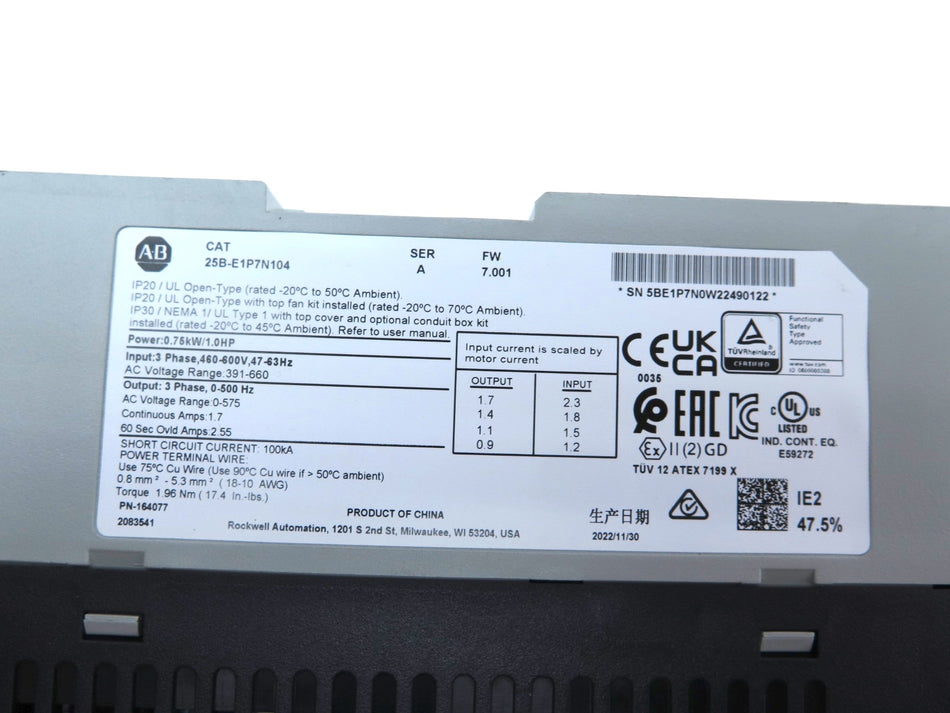 Allen-Bradley 25B-E1P7N104 AC Drive PowerFlex 525 0.75kW 1HP