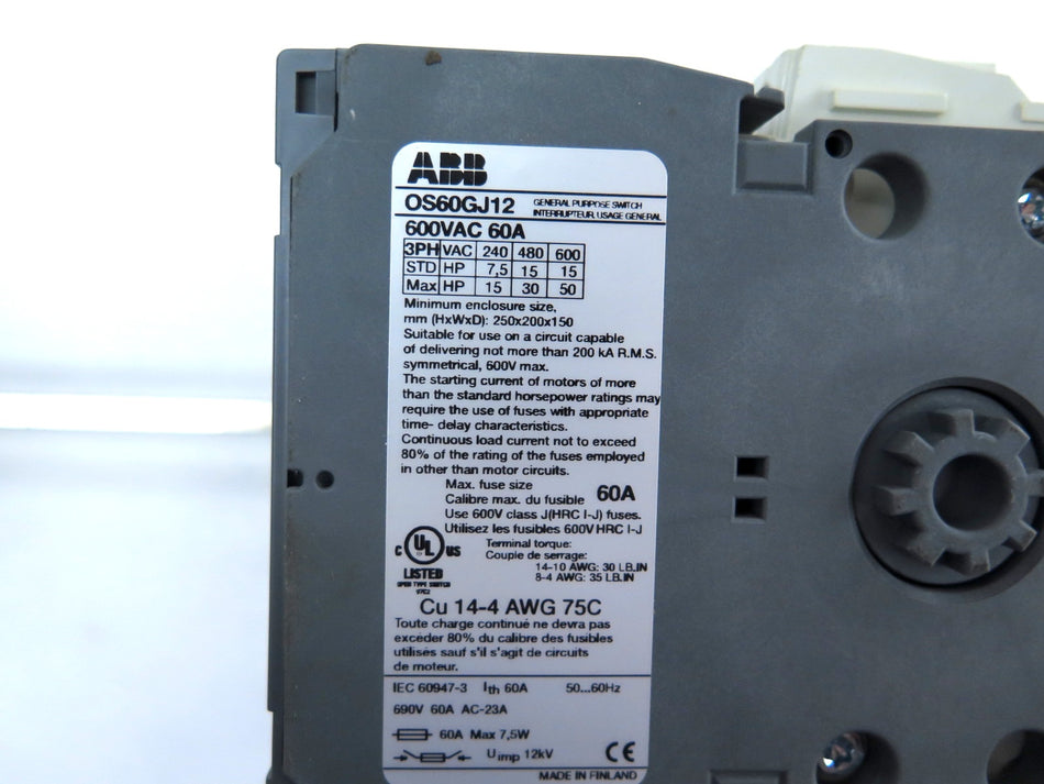 ABB OS60GJ12 Disconnect Switch 3Ph 600Vac