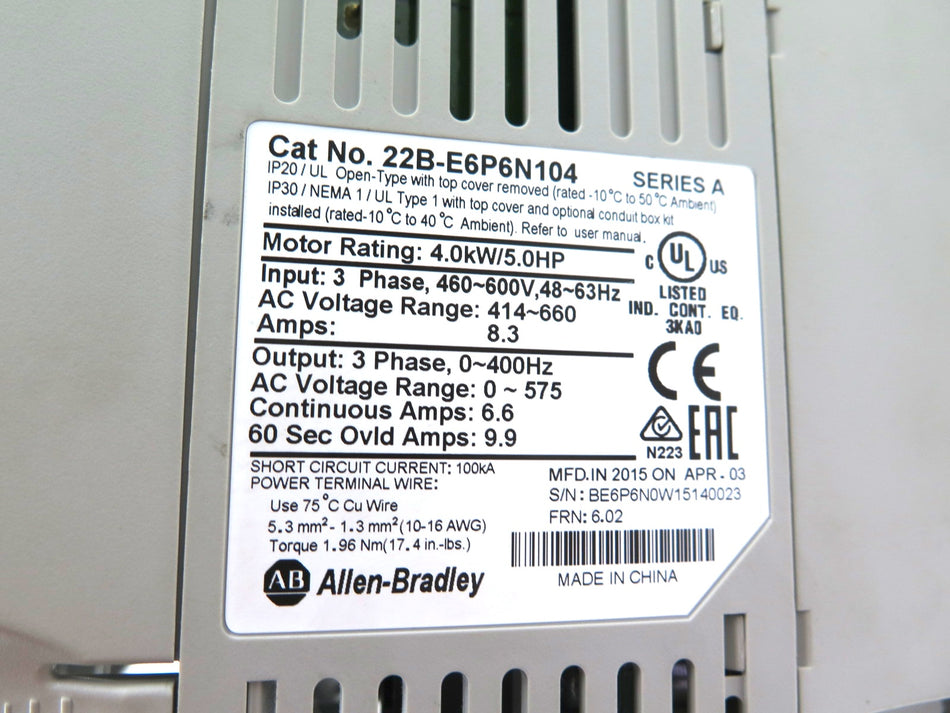 Allen-Bradley 22B-E6P6N104 Ac Drive PowerFlex 40 600V 4kW 5HP