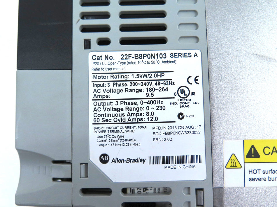 Allen-Bradley 22F-B8PON103 AC Drive 1.5kW / 2HP 200-240V