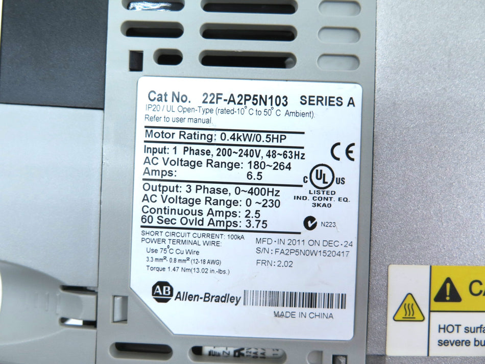 Allen-Bradley 22F-A2P5N103 AC Drive 0.4kW / 0.5HP 200-240Vac
