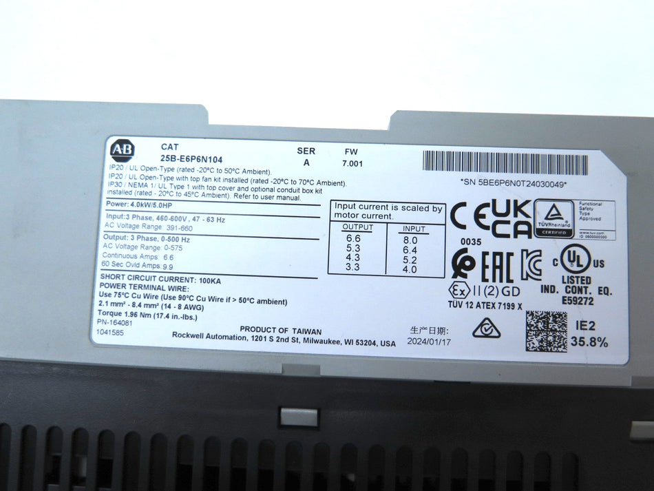 Allen-Bradley 25B-E6P6N104 AC Drive PowerFlex 525 5HP